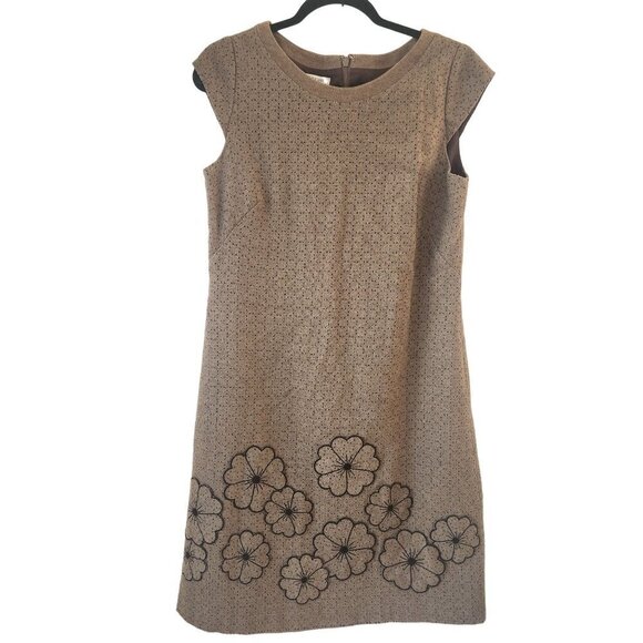Kay Unger New York Brown Wool Laser Cut Floral Trim Fitted Sheath Pencil Dress 8 - Picture 1 of 9